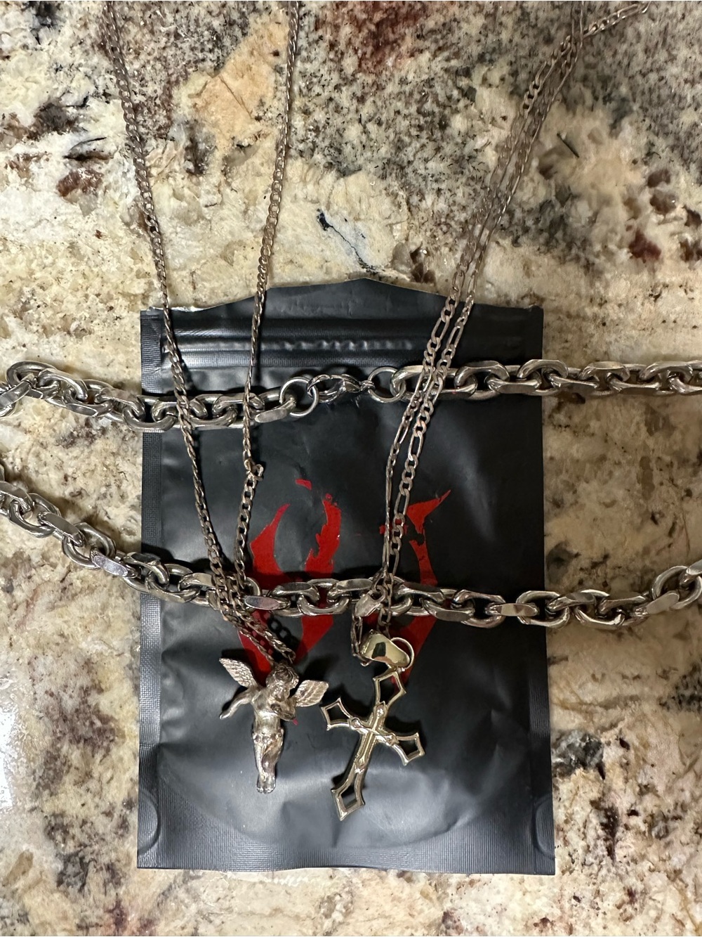 Men's Silver-Tone Cross and Winged Skull Necklace Set